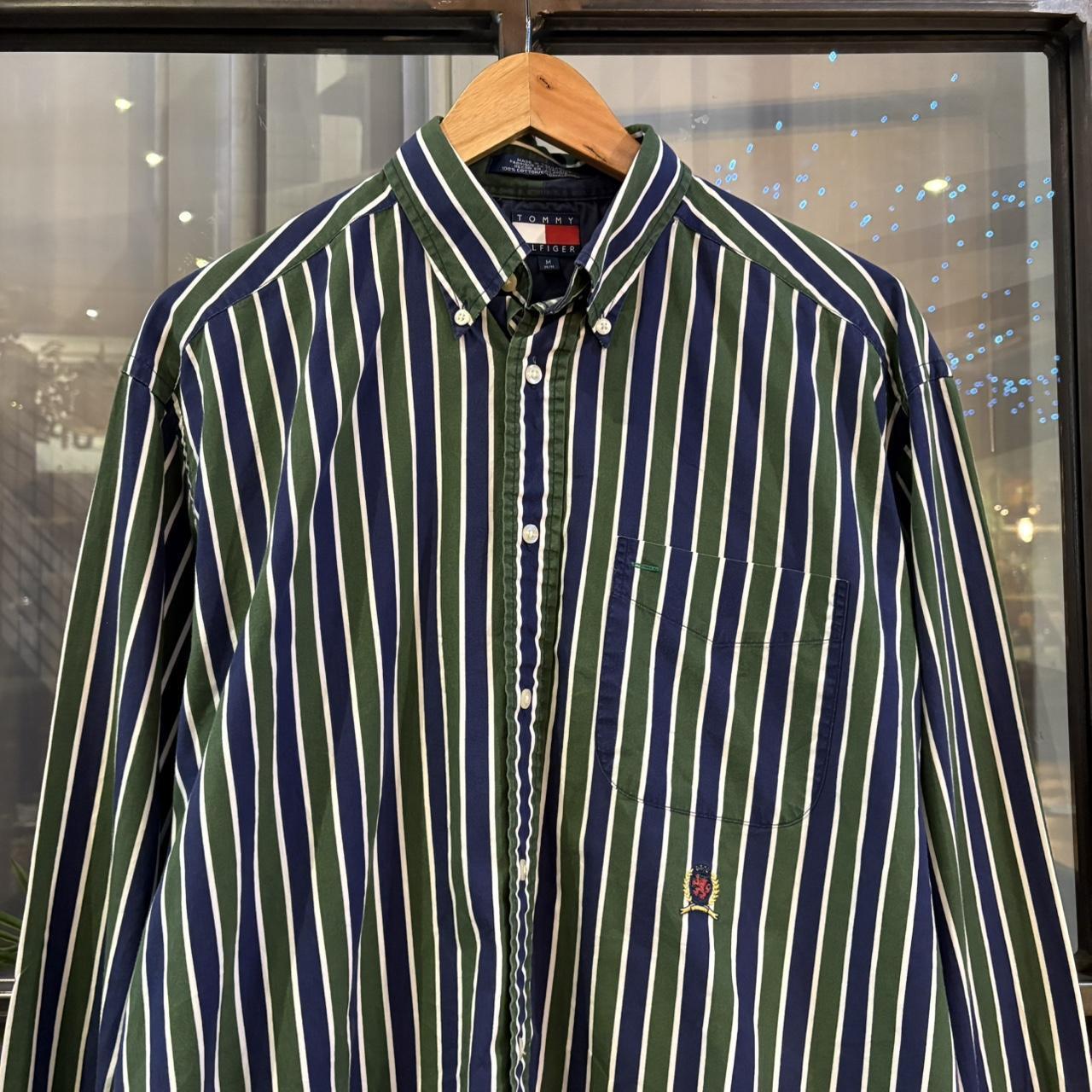 POL704-F - Vintage Ralph Lauren Dark Green and Navy Striped Longsleeve collared button up polo shirt top #Y2K #preppy #chiefkeef #smartcasual #oldmoney