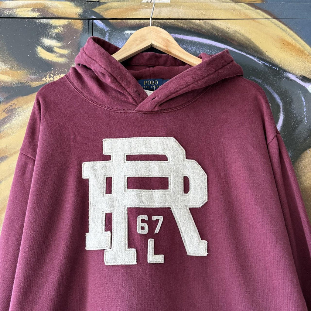 Vintage Polo Ralph Lauren Hoodie Mens XL Burgundy Big Centre Patch Logo Sweatshirt Jumper Preppy Old Money Top 90s Y2K 00s