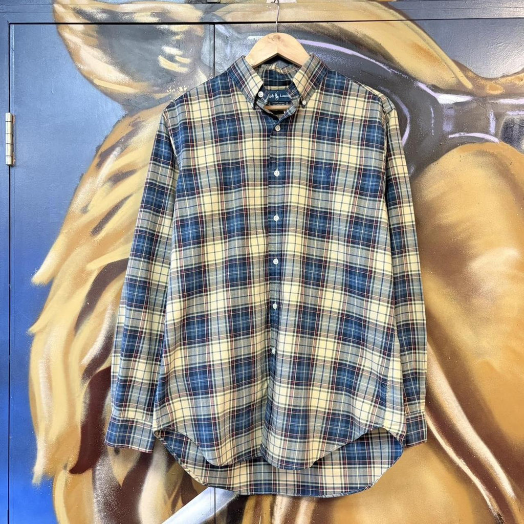BR1912ALZ-P - Vintage Ralph Lauren Beige and Blue Check Longsleeve collared button up polo shirt top #Y2K #preppy #chiefkeef #smartcasual #oldmoney