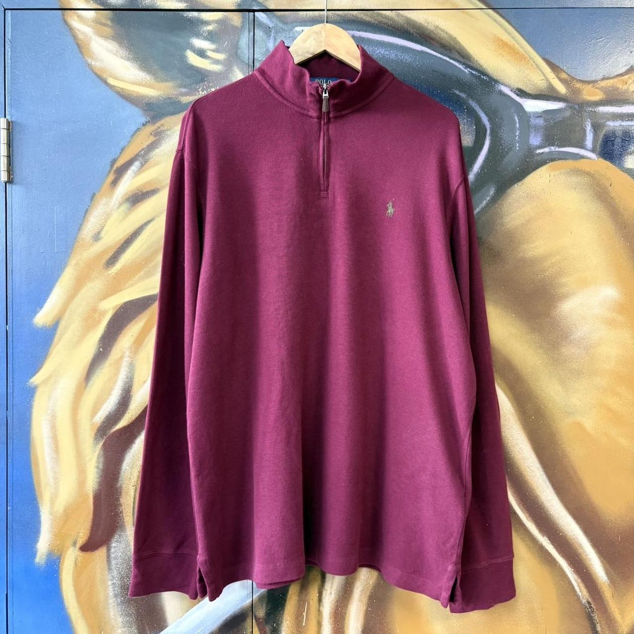 Vintage red Ralph Lauren Quarter Zip Sweatshirt Jumper Top preppy essential smart casual with green spellout embroidered logo pony horse Wine maroon 00s 90s Y2K Cheltenham races horse racing old money
