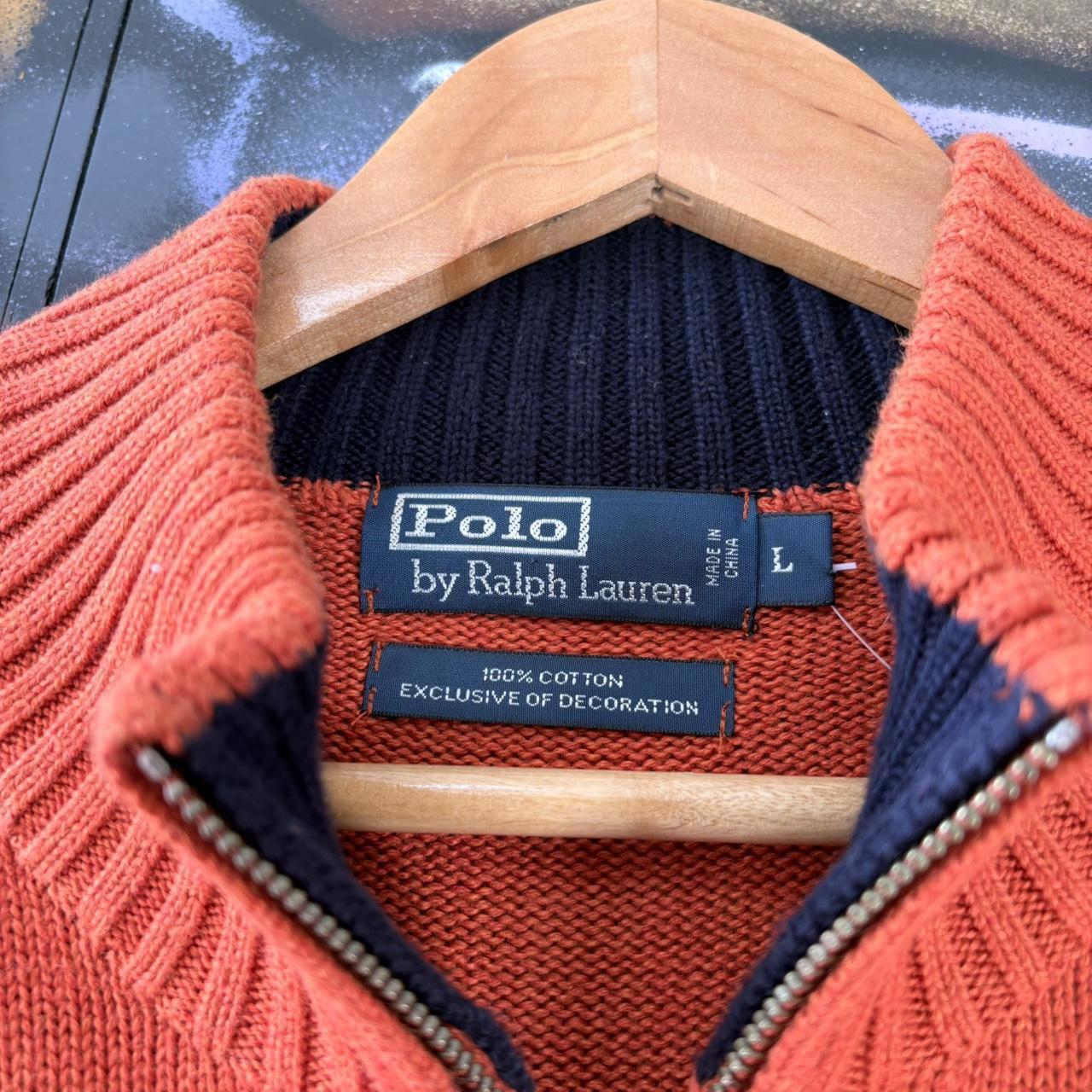 Vintage Orange Ralph Lauren Quarter Zip Sweatshirt Jumper Top preppy essential smart casual with navy blue spellout embroidered logo pony horse Wine maroon 00s 90s Y2K Cheltenham races horse racing old money