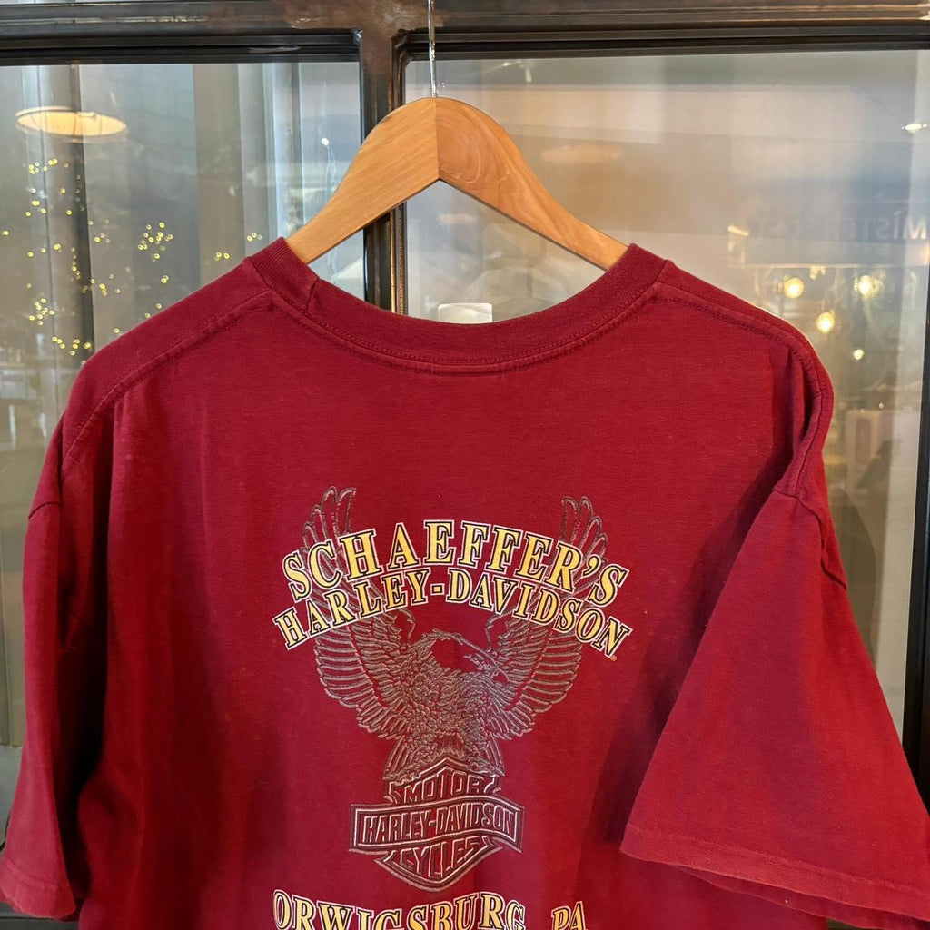 TEE413P - Vintage Retro Essential Burgundy Schaffers Harley Davidson  Graphic Print Pocket Top Tee T-shirt #90s #graphic #harleydavidson #biker
