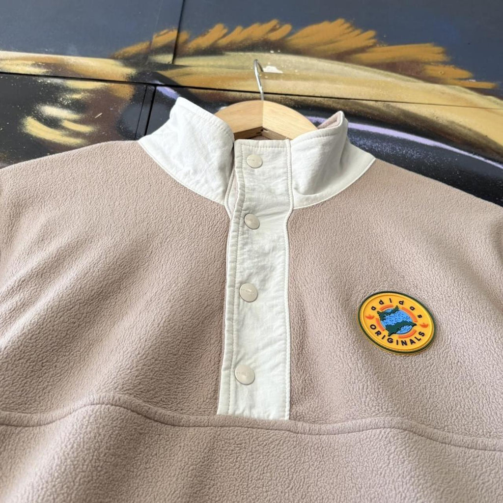 Vintage Adidas Originals Fleece Pullover Sweatshirt Mens Small Beige Cream Snap 1/4 Zip Jumper 90s Y2K