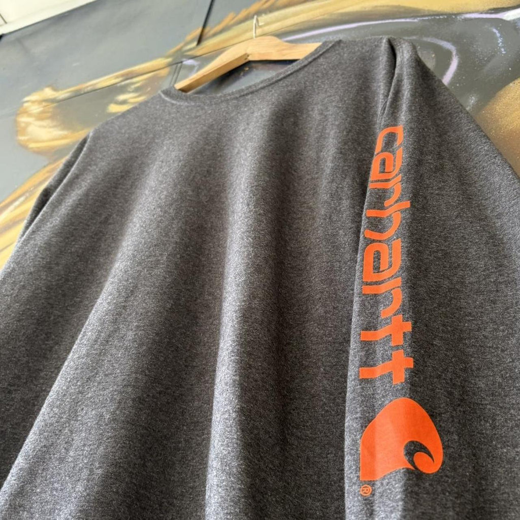 Vintage Carhartt Long Sleeve T Shirt Tee Mens Medium Grey Sleeve Logo Workwear Spellout Top 90s Y2K