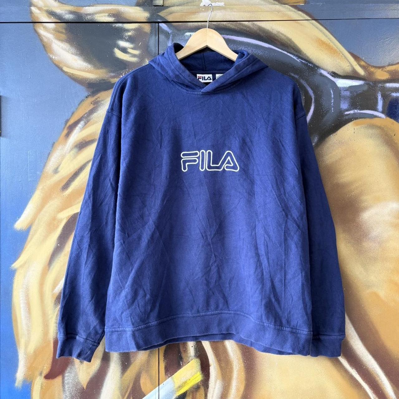 Vintage FILA Hoodie Top Mens Large Blue Spellout Logo Embroidered Streetwear Sweatshirt Essential 90s Y2K