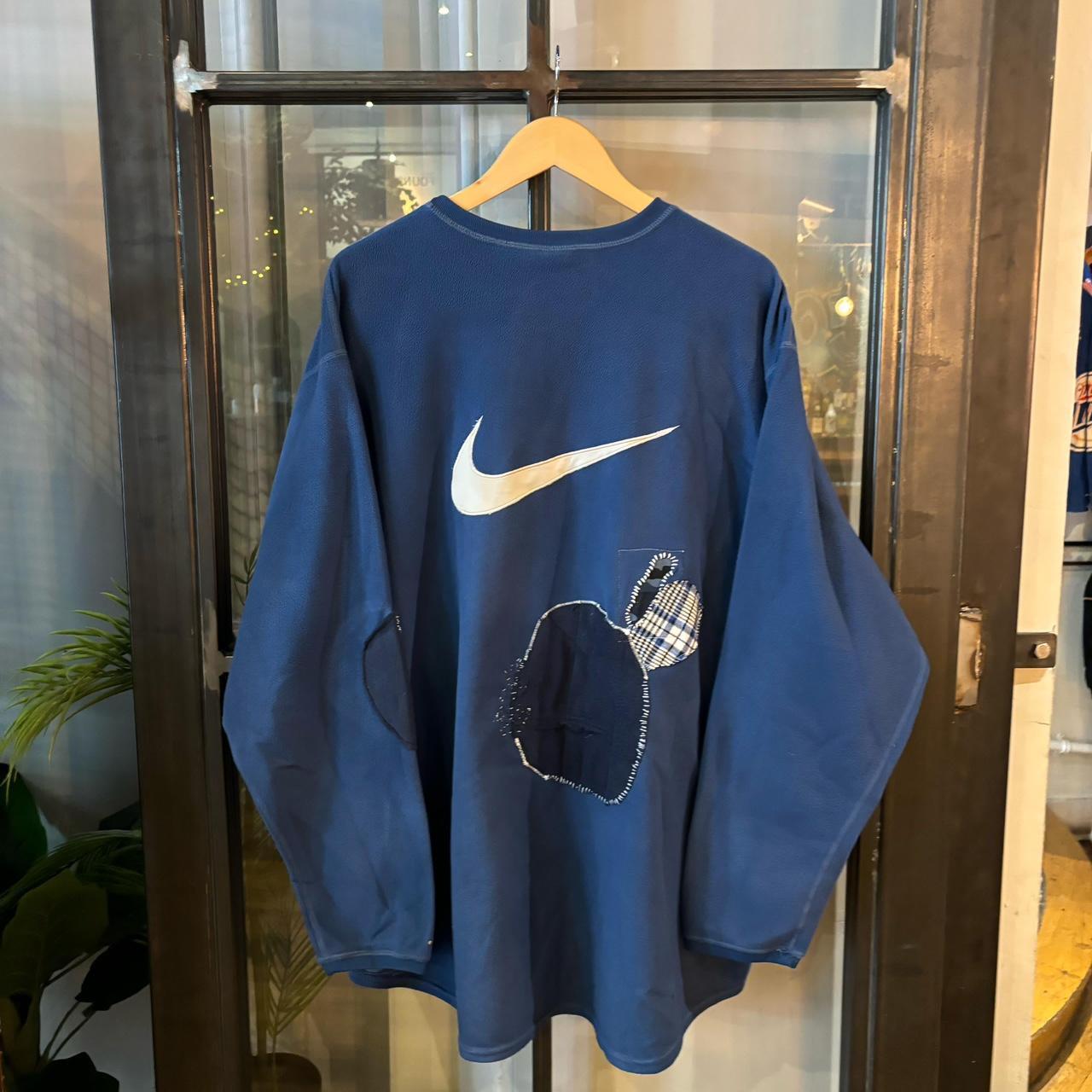 SWT544BR - Vintage Retro Essential Blue Nike Re-worked woth Patches Fleece Jumper Sweatshirt with centre embroidered swoosh logo #fleece #sportswear #rework #y2k #nike