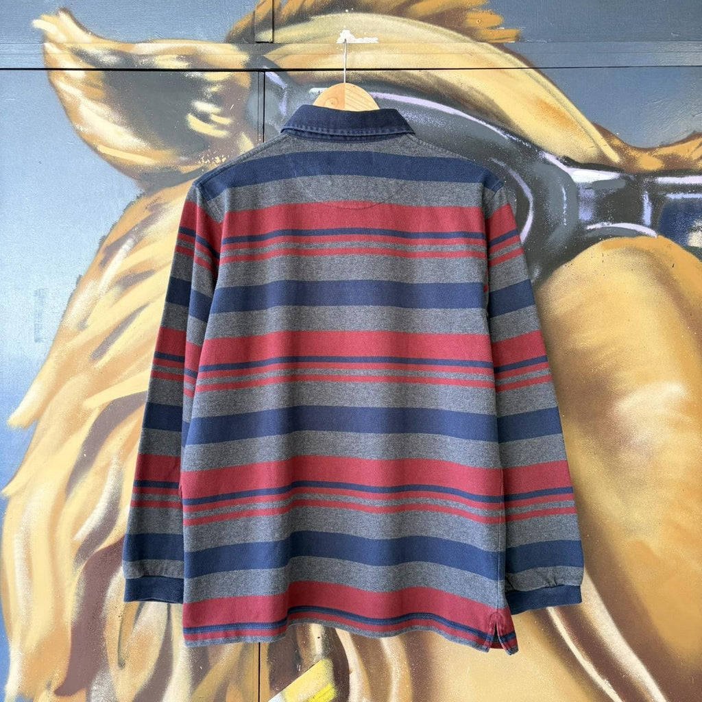 VIN2802B-U - Vintage Retro Essential Navy Grey and Red Striped Guinness Collared Rugby Longsleeve Jersey Shirt top with embroidered logo #striped #rugby #beer #jersey #guinness