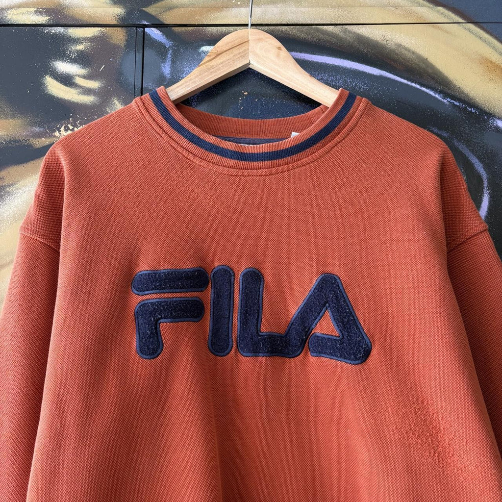 Vintage Fila Sweatshirt Mens Large Orange Spell Out Pullover Jumper Top 90s Y2K 00s