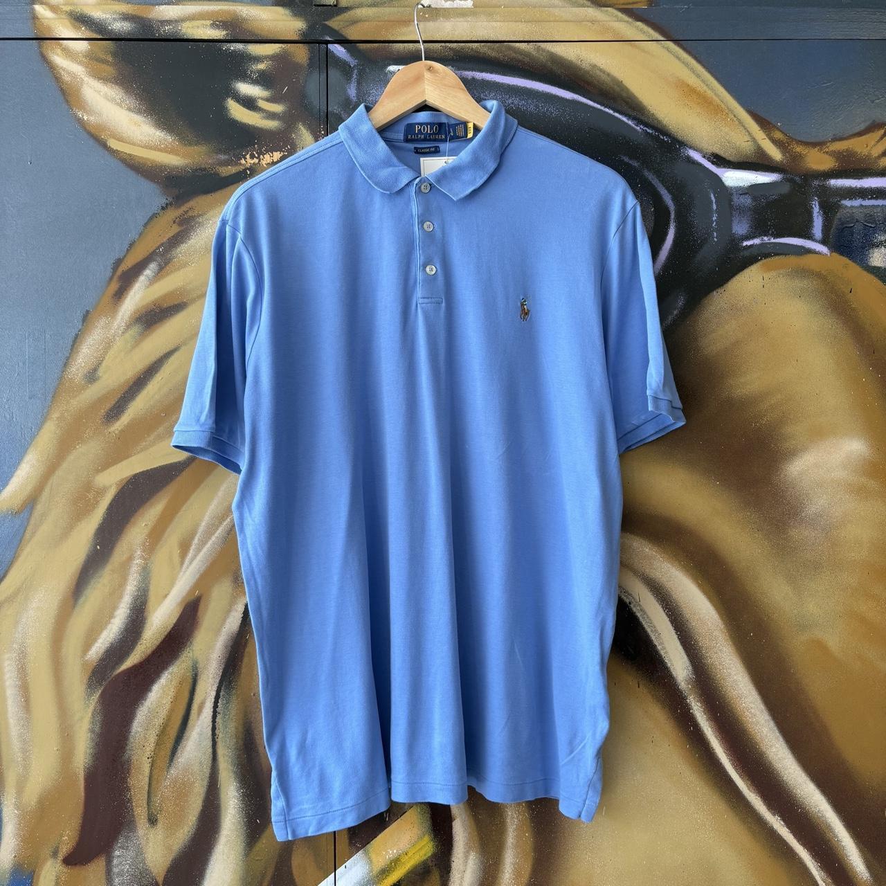 Vintage Ralph Lauren Polo Shirt Mens Large Plain Blue Preppy Pony Logo Collared Button Up Top Y2K 90s