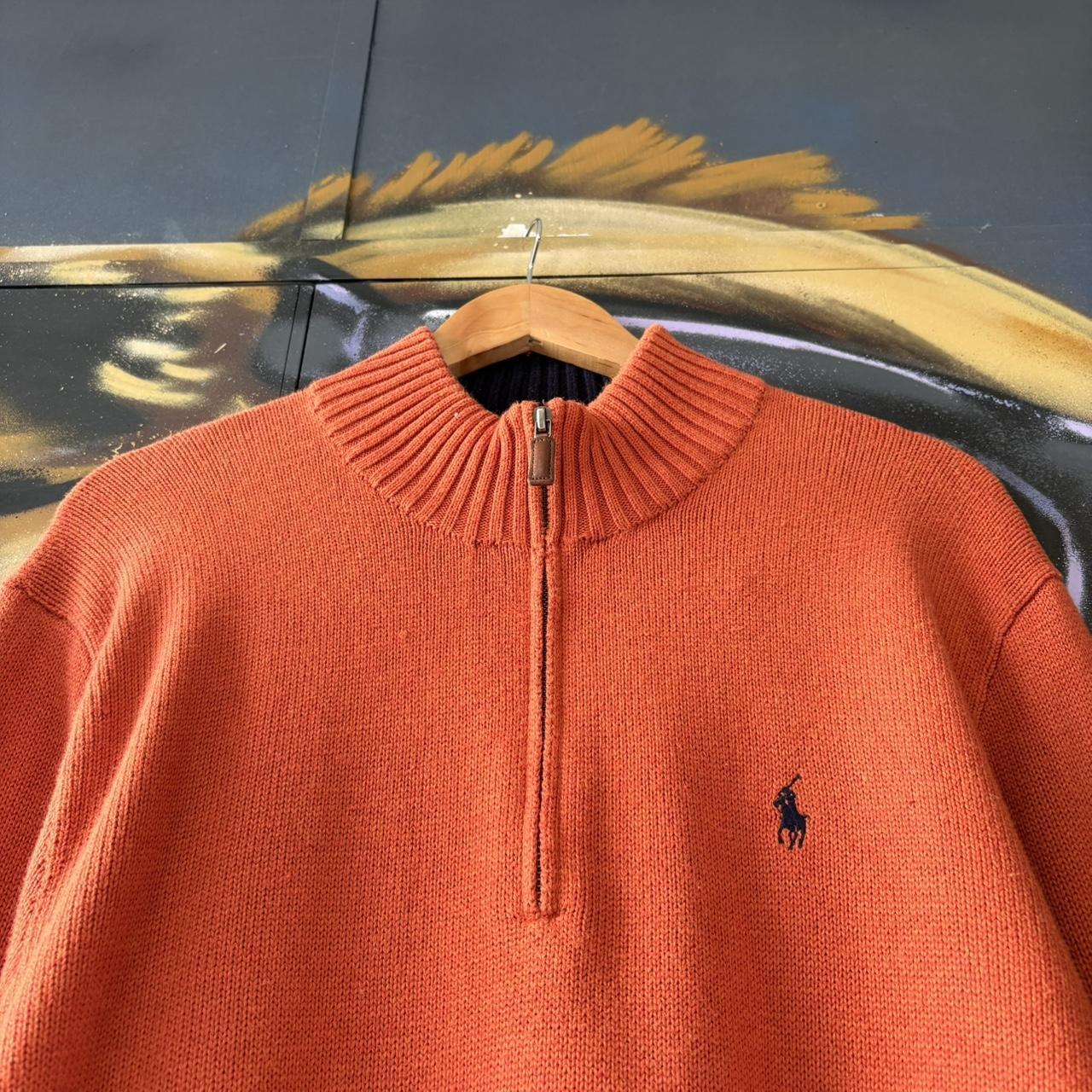 Vintage Orange Ralph Lauren Quarter Zip Sweatshirt Jumper Top preppy essential smart casual with navy blue spellout embroidered logo pony horse Wine maroon 00s 90s Y2K Cheltenham races horse racing old money