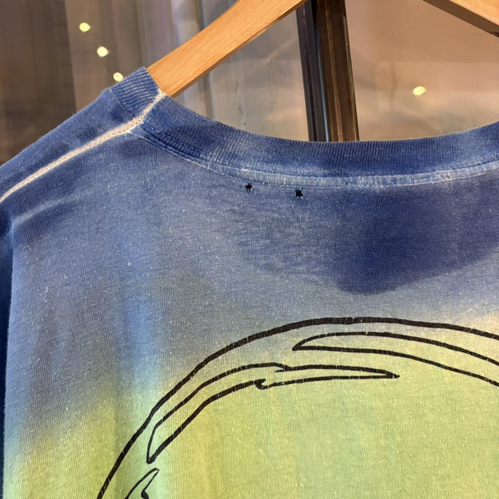 TEE459F - Vintage Retro Essential Blue and Green Tie-Dye Mickey Mouse Surfing Graphic Print Top Tee T-shirt on Mickey Unlimited Tag #singlestitch #tiedye #surfing #disney #mickeymouse