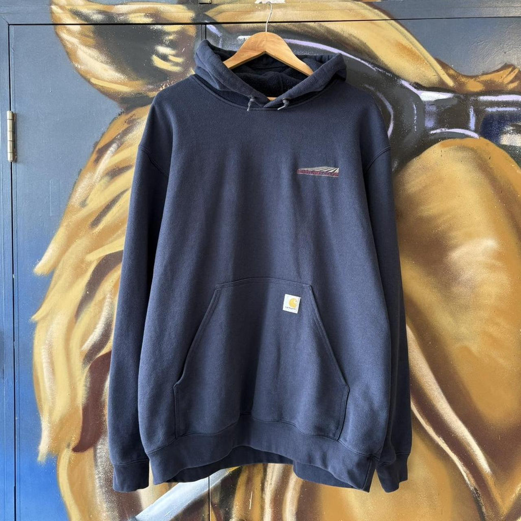 Carhartt WIP Hoodie Mens XL Navy Logo Spellout Sweatshirt Streetwear Skate Pullover Kangaroo Pouch Jumper Top 90s Y2K