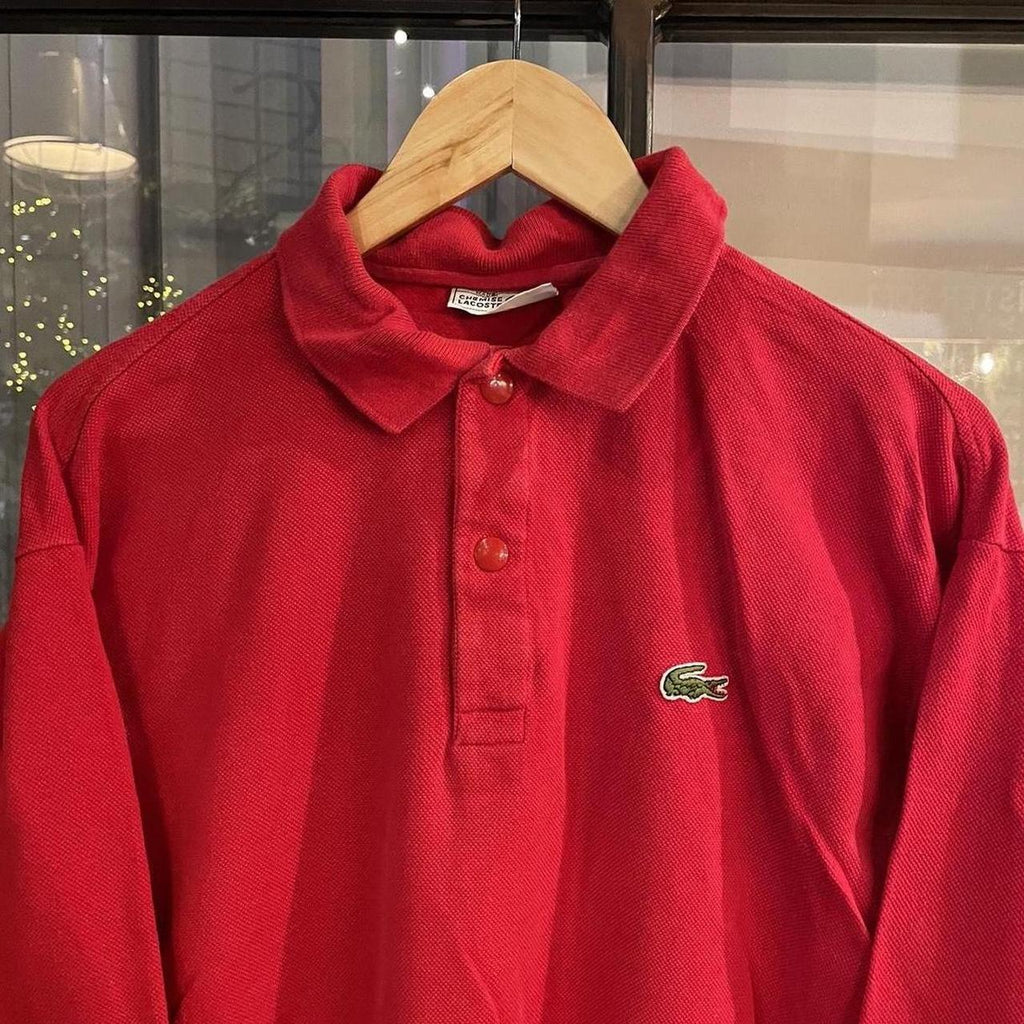 POL374-F - Vintage Retro Essential Chemise Lacoste Red Polo Shirt Longsleeve Sweatshirt collared button up top  #Y2K #preppy #chiefkeef #oldmoney #lacoste