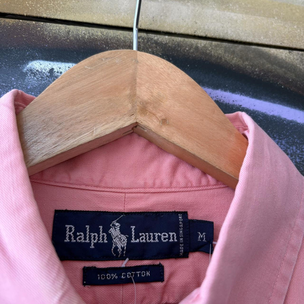Vintage Ralph Lauren Polo Shirt Mens Medium Pink Plain Preppy Pony Logo Collared Button Up Top Y2K 90s