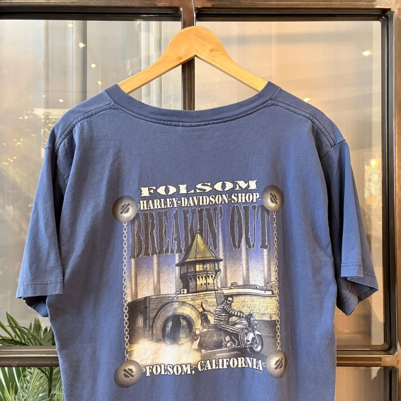 Vintage Harley-Davidson T-Shirt Mens Large Blue Biker Motorcycle Tee Folsom California 90s Y2K