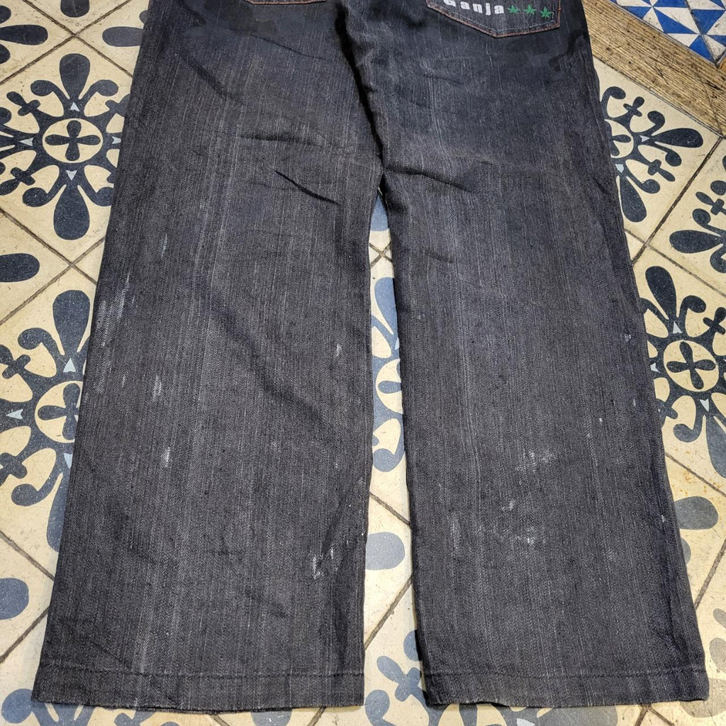 JNS203BR - Vintage retro essential Square Zero Black Wash Baggy Straight Leg Denim Jeans Trousers pants #denim #denimjeans #squarezero #embroidered