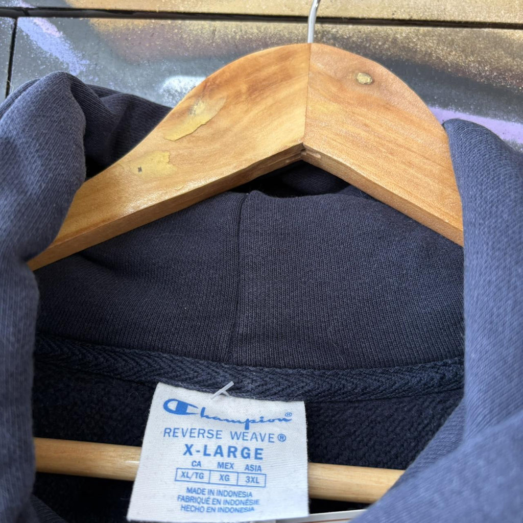 Vintage Champion Hoodie Mens XL Navy Reverse Weave Heavyweight Cotton Pullover Sweatshirt Jumper 90s Y2K 2000s