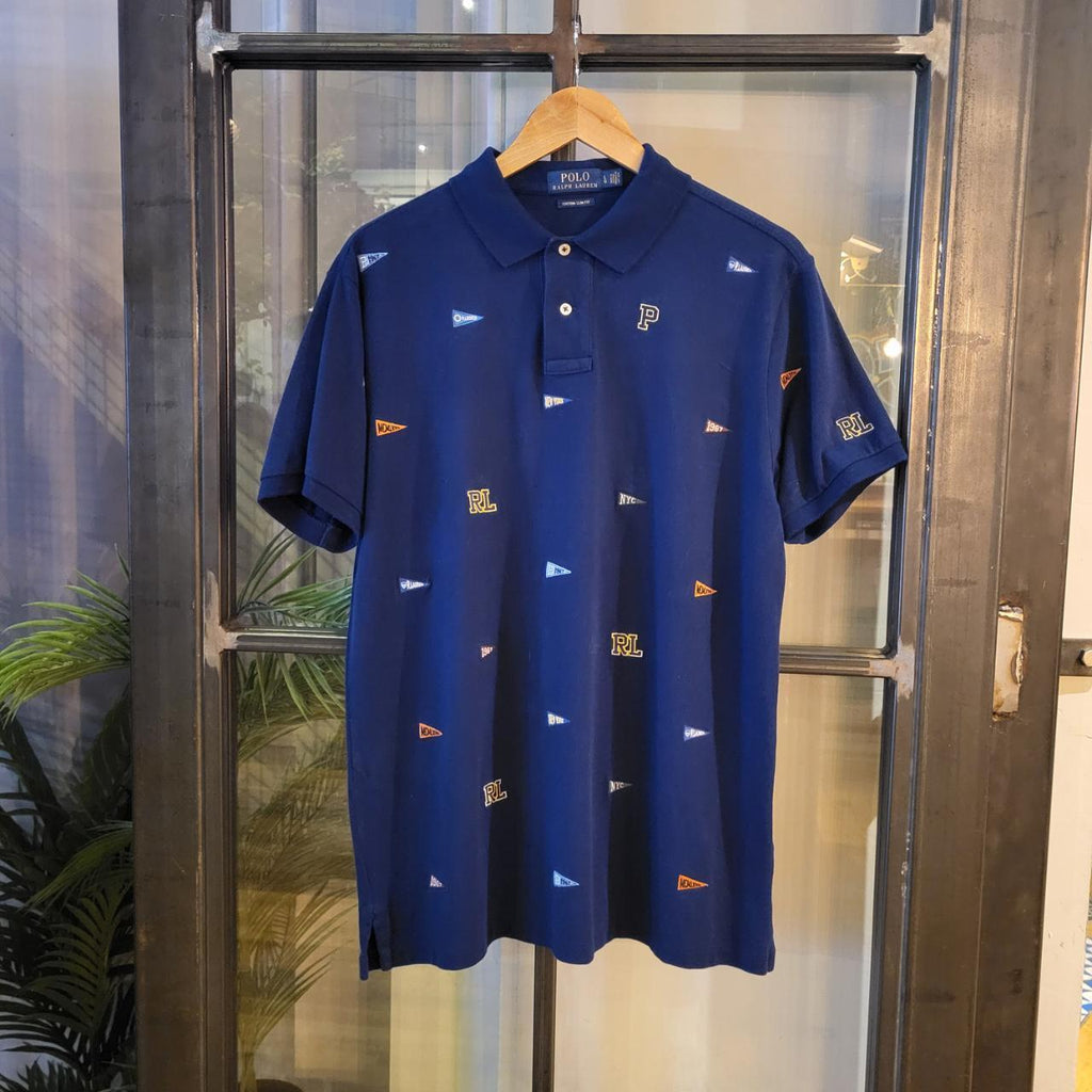 POL105 - Vintage Ralph Lauren Navy Polo Shirt Short Sleeve collared button up top 90s Y2K Old Money Preppy Smart Casual style with all over RL New York 1967 embroideredy
