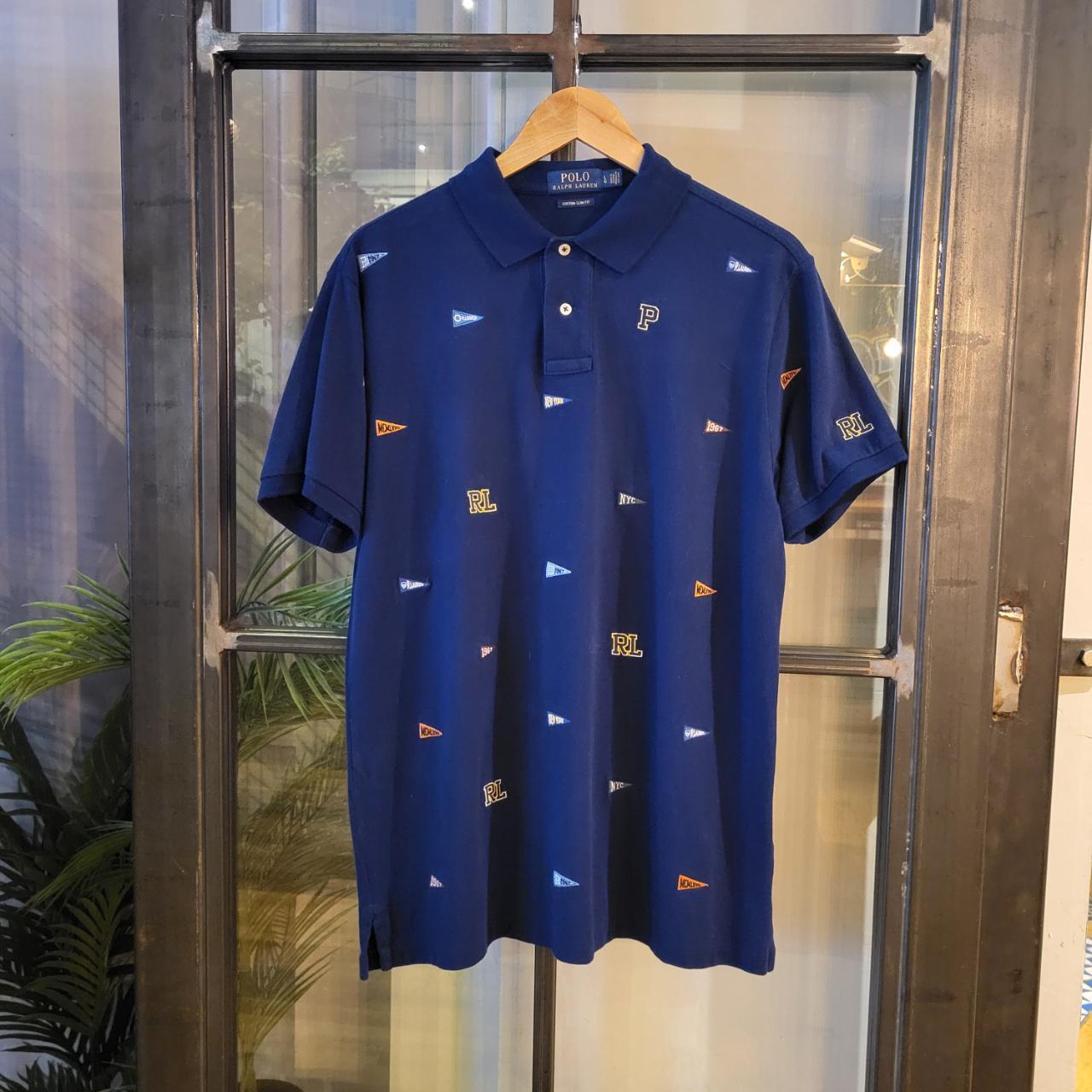 POL105 - Vintage Ralph Lauren Navy Polo Shirt Short Sleeve collared button up top 90s Y2K Old Money Preppy Smart Casual style with all over RL New York 1967 embroideredy