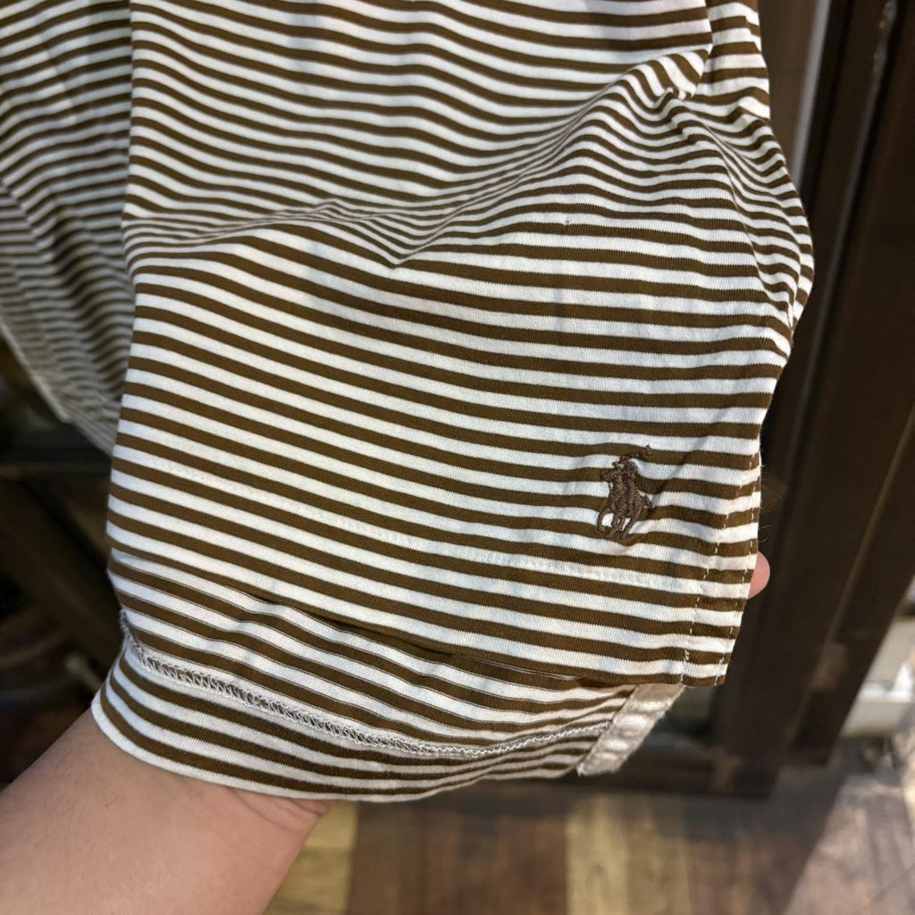POL326 - Vintage Retro Ralph Lauren Striped Brown Cream Pocket Polo Shirt Short Sleeve collared button up top #Y2K #preppy #chiefkeef #oldmoney #ralphlauren