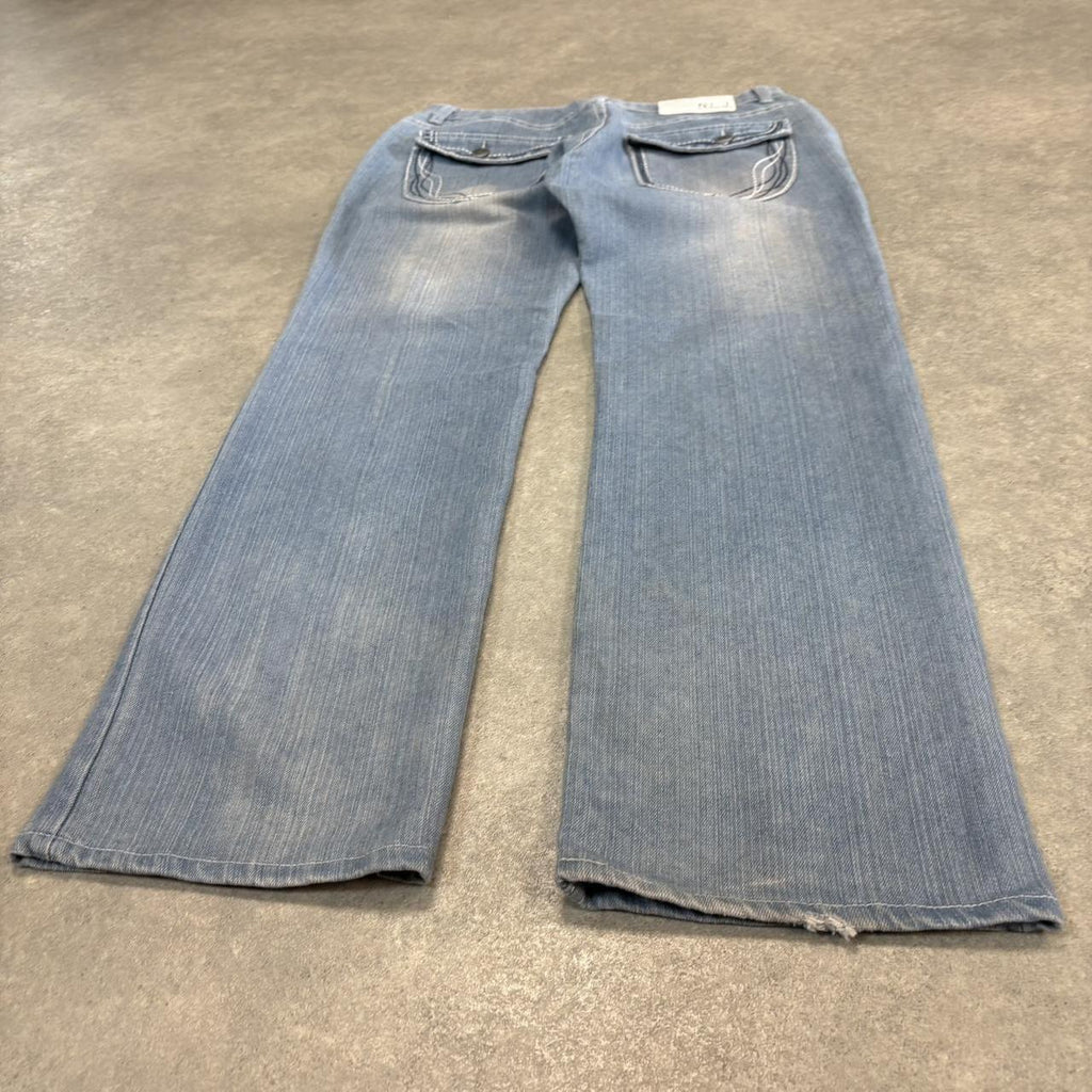 Vintage Light Blue Wash Jeans Mens 34x32 Denim Embroidered Detail Trousers Skate Western Vintage Y2K 90s