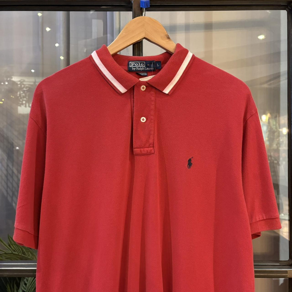 BR1209JV-F - Vintage Retro Ralph Lauren Plain Red Polo Shirt Short Sleeve with stripes white collared button up top  #Y2K #preppy #chiefkeef #oldmoney #ralphlauren