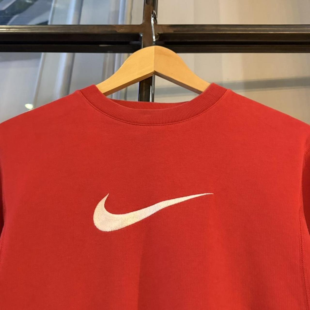 Vintage Retro Essential Red Nike Crewneck Jumper Sweatshirt with embroidered big centre swoosh patch logo #90s #sportswear #essential #y2k #nike