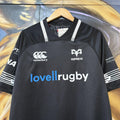 Canterbury Ospreys 2017 - 18 Home Black Collared Rugby Short Sleeve Jersey with embroidered logos and lovellrugby, RNA, Swansea University, morganstone and dezrezlegal printed sponsorships