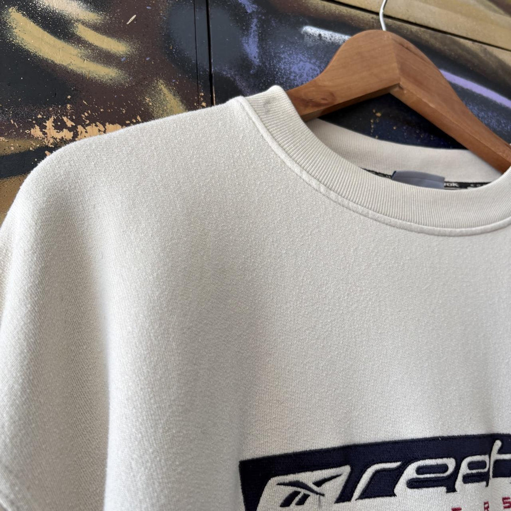Vintage Reebok Sweatshirt Mens Medium Beige Membership Streetwear Pullover Jumper Top 90s Y2K 00s
