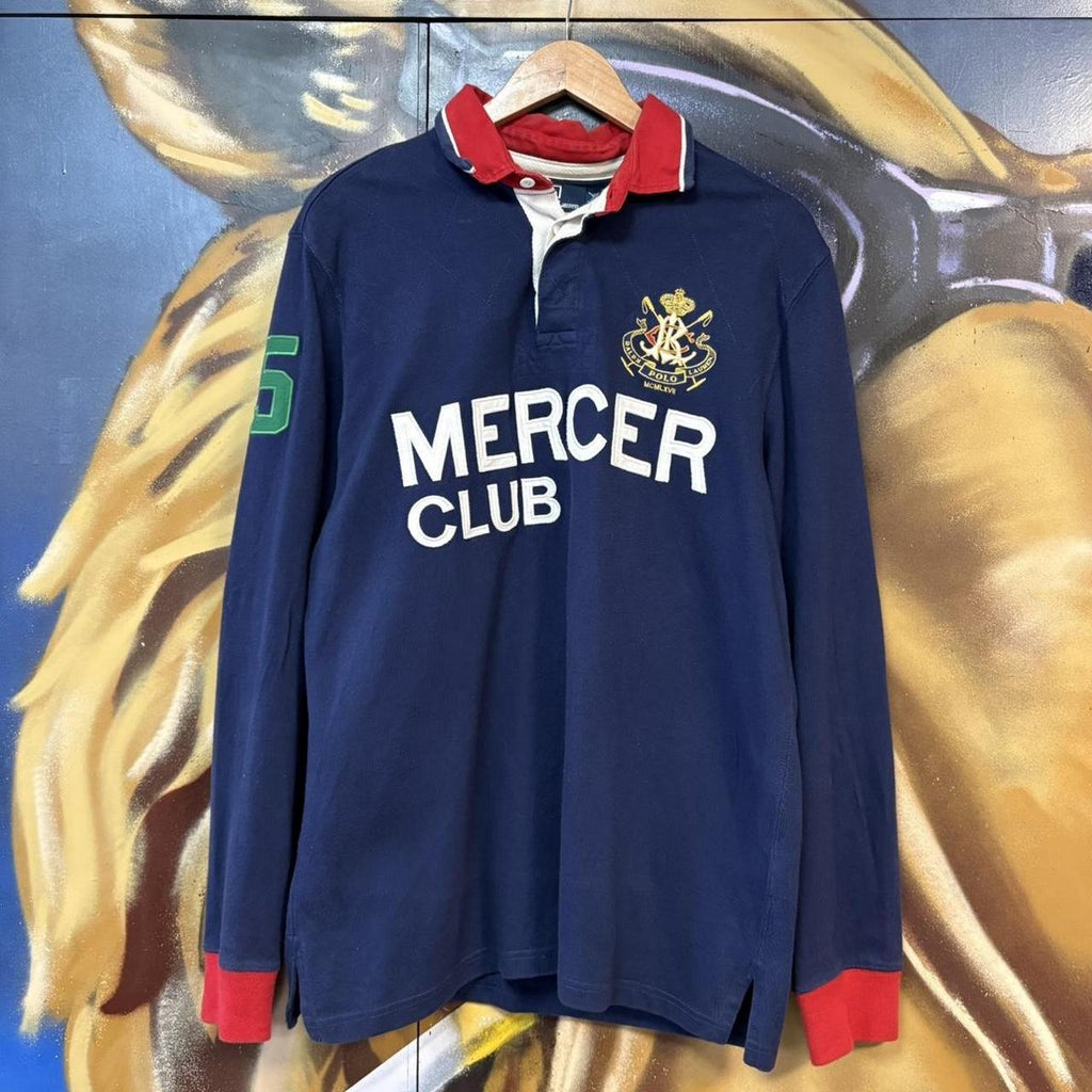 MES1901CA-U - Vintage Retro Ralph Lauren Navy longsleeve collared button up rugby jersey top with embroidered crest logo, Mercer and number 5#Y2K #preppy #chiefkeef #oldmoney #ralphlauren