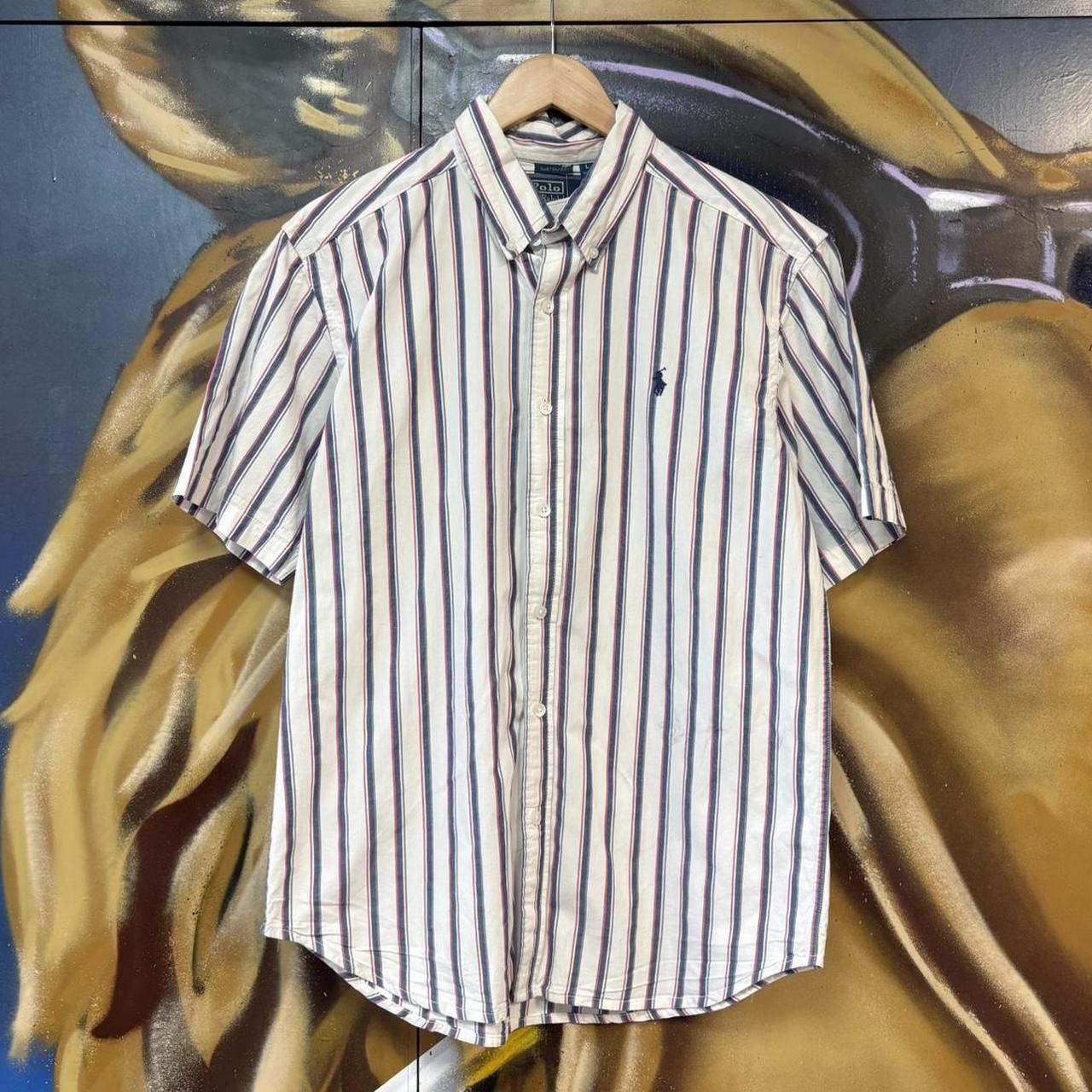 BR1912YK-U - Vintage Ralph Lauren White and Blue Striped Short Sleeve collared button up polo shirt top #Y2K #preppy #chiefkeef #smartcasual #oldmoney