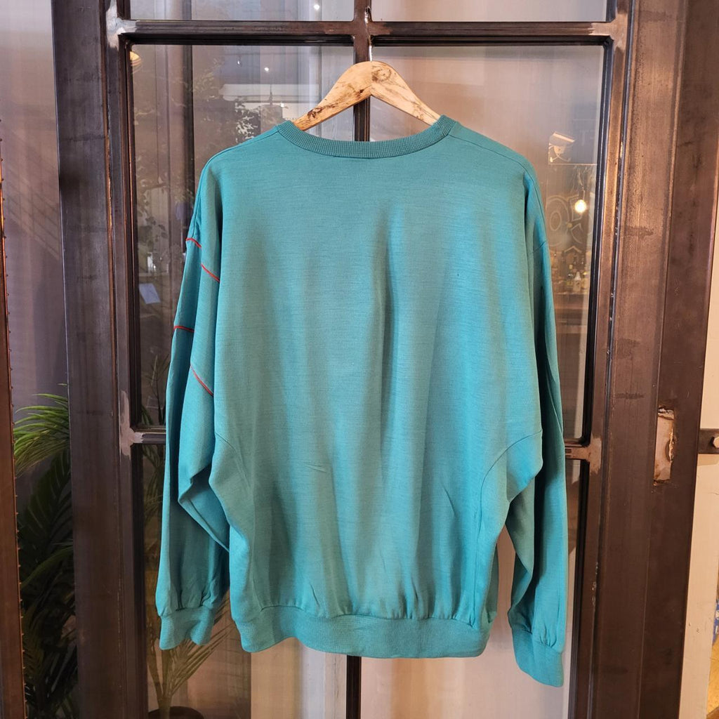 SWT258 - Vintage Retro Essential Adidas Turquiose Green sweatshirt jumper crewneck with Kangaroo Pocket Pouch and minimal red line detailing on arm #adidas #blank #sportswear #90s