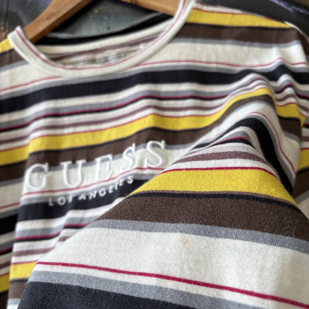 Guess Originals T shirt Mens Medium Multi-Colour Ashton Horizontal Striped Embroidered Logo Los Angeles Tee Top 90s Y2K 00s