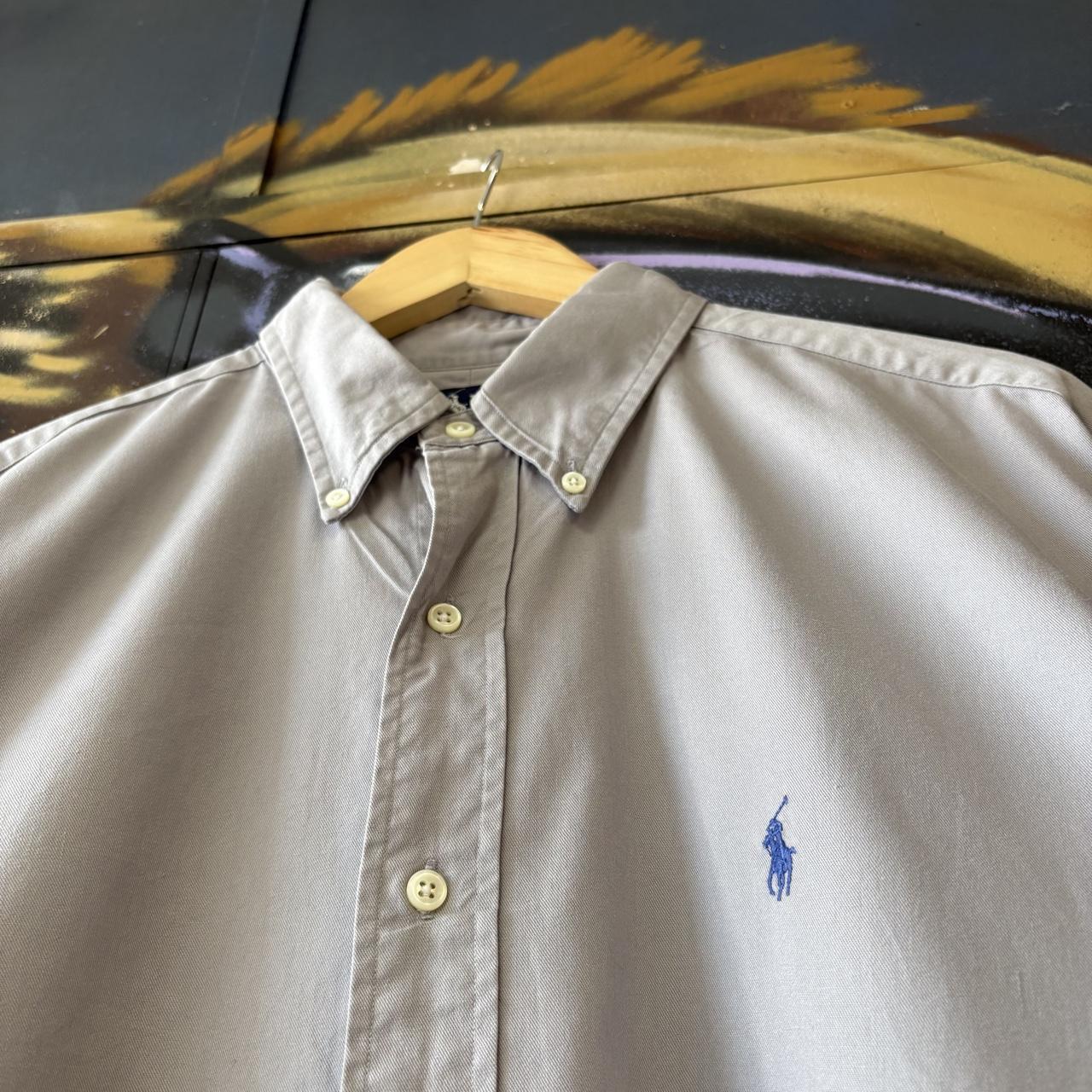 Vintage Ralph Lauren Polo Shirt Mens Large Grey Plain Preppy Pony Logo Collared Button Up Top Y2K 90s
