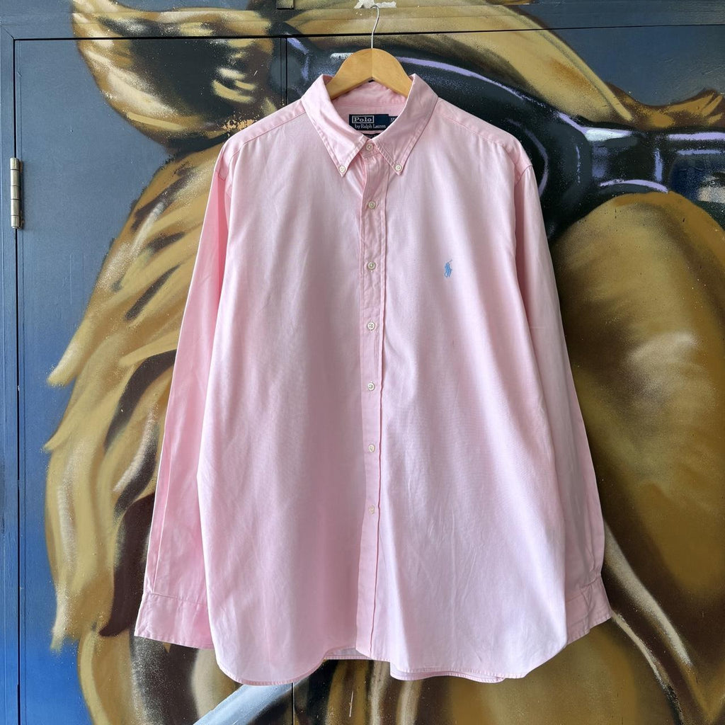 Vintage Ralph Lauren Polo Shirt Mens XL Plain Pink Preppy Pony Logo Collared Button Up Top Y2K 90s