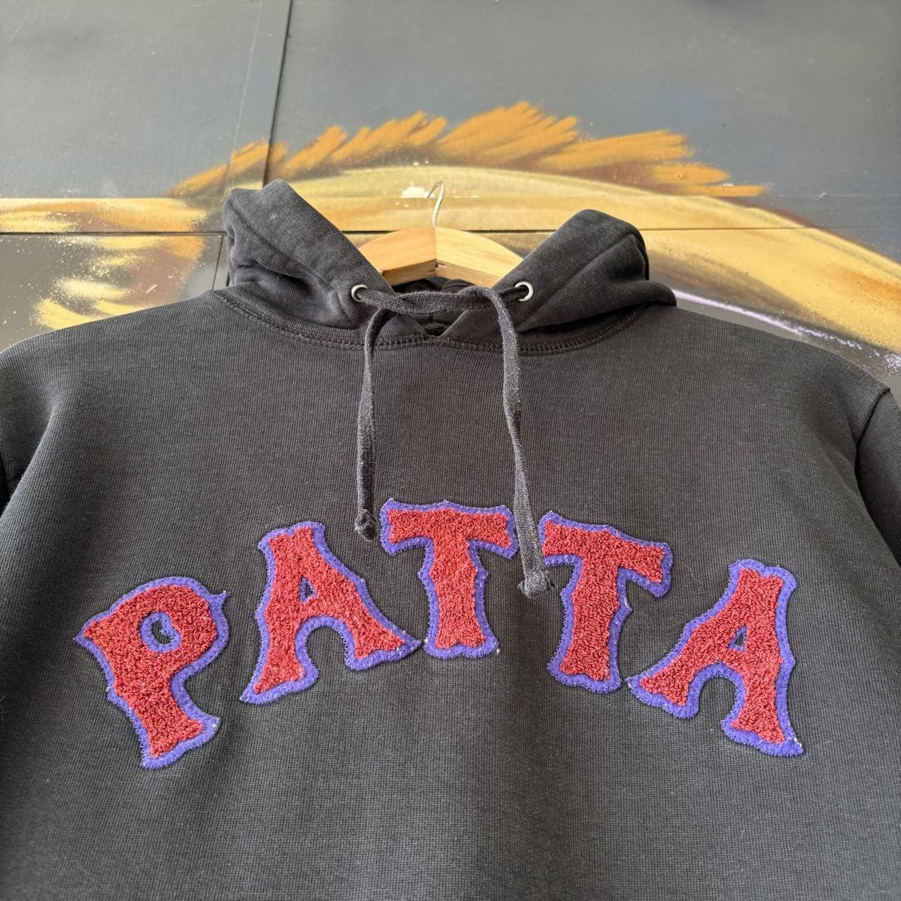 Patta Hoodie Mens Medium Black Biker Logo Felt Amsterdam Pullover Sweatshirt Jumper Top 90s Y2K 00s