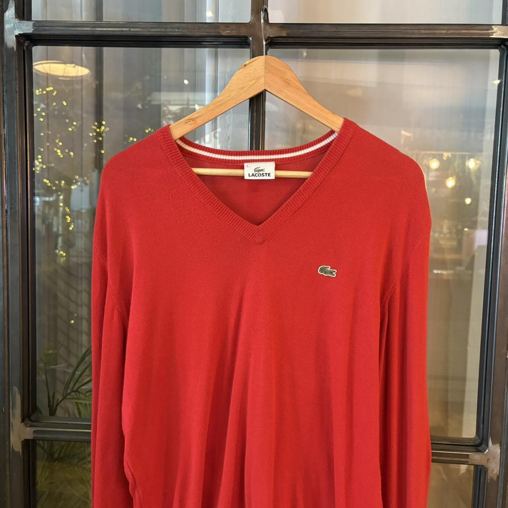 SWT575BR - Vintage Retro Essential Red Lacoste sweatshirt v-neck knit Jumper #lacoste #knitjumper #90s #preppy #knitted