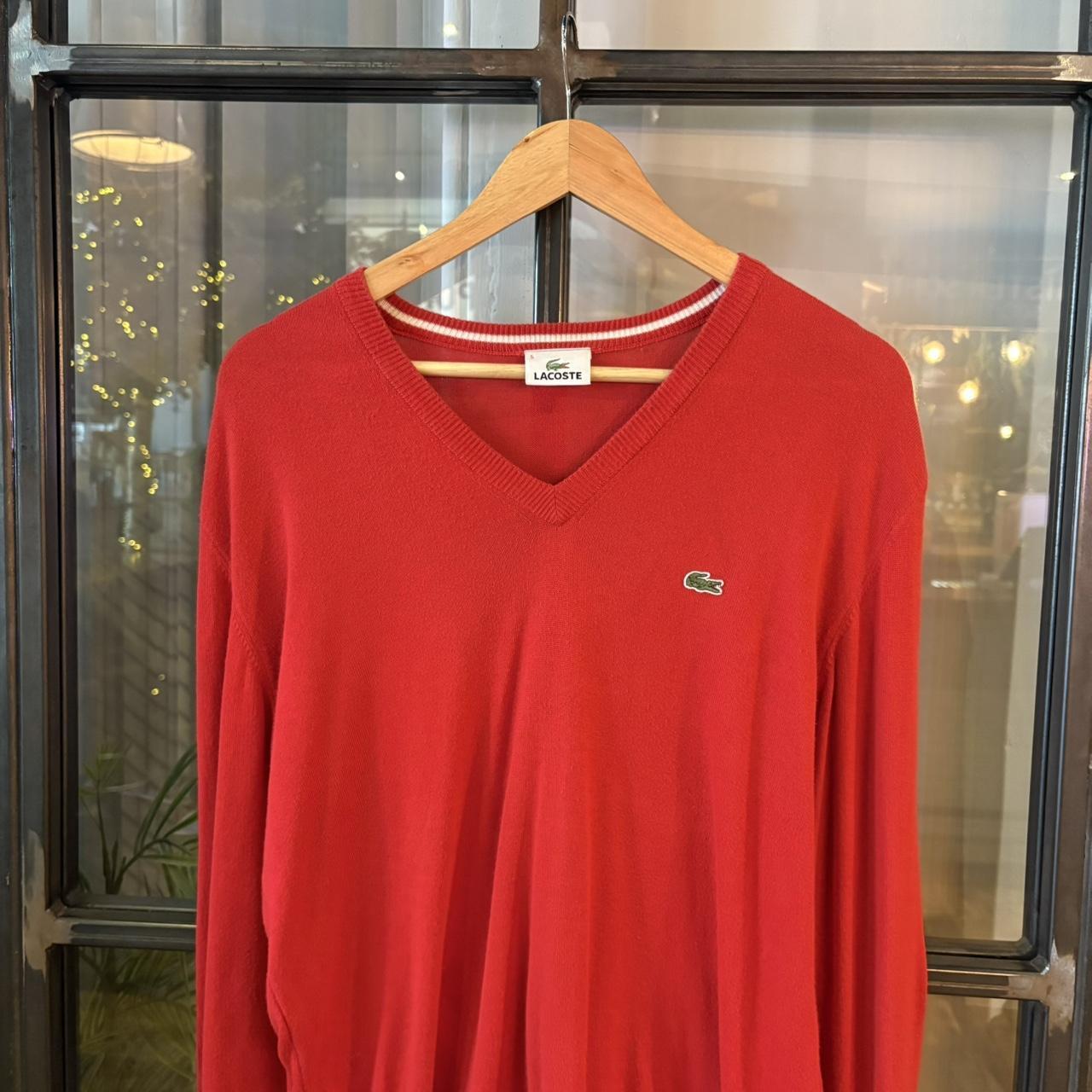 SWT575BR - Vintage Retro Essential Red Lacoste sweatshirt v-neck knit Jumper #lacoste #knitjumper #90s #preppy #knitted