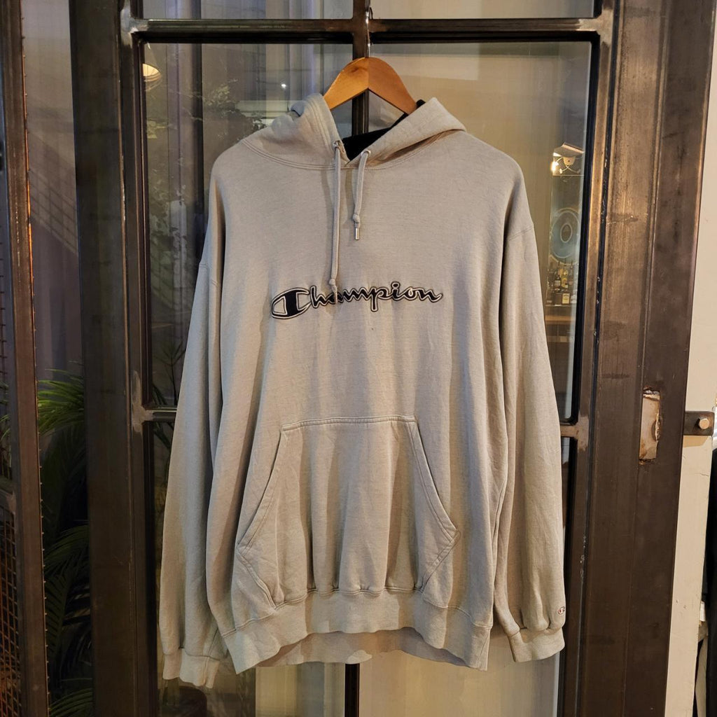 SWT313 - Vintage Retro Essential Champion Grey Stone Hoodie sweatshirt with big spellout centre chest embroidered logo #champion #90s #y2k #skater #casual