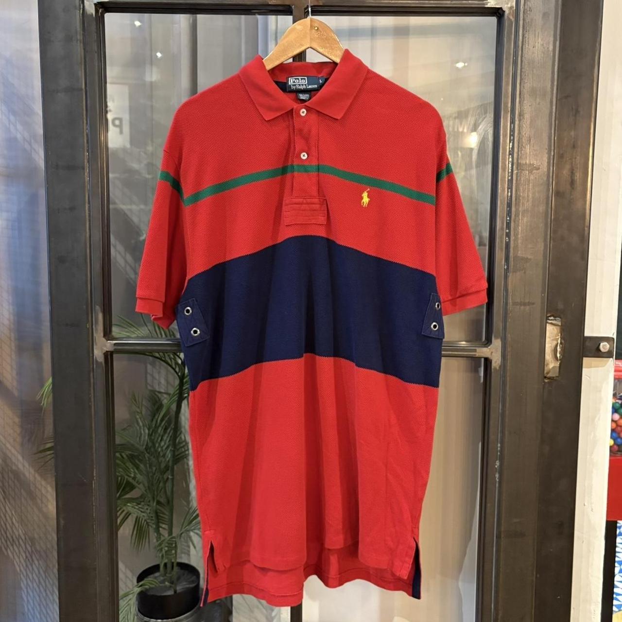 POL597-P - Vintage Retro Ralph Lauren Red and Navy Polo Shirt Short Sleeve collared button up top  #Y2K #preppy #chiefkeef #oldmoney #ralphlauren