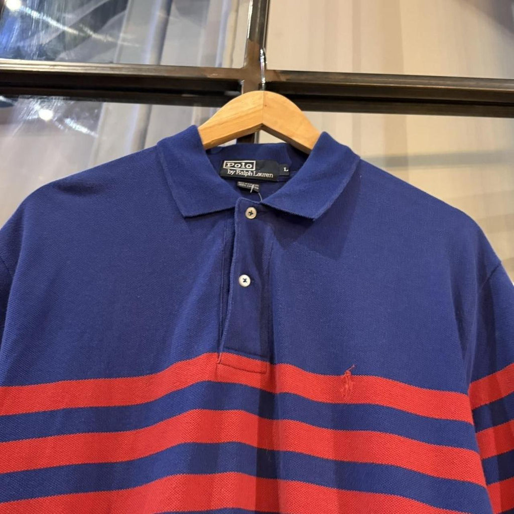 POL596-P - Vintage Retro Ralph Lauren Blue and Red Striped Polo Shirt Short Sleeve collared button up top  #Y2K #preppy #chiefkeef #oldmoney #ralphlauren