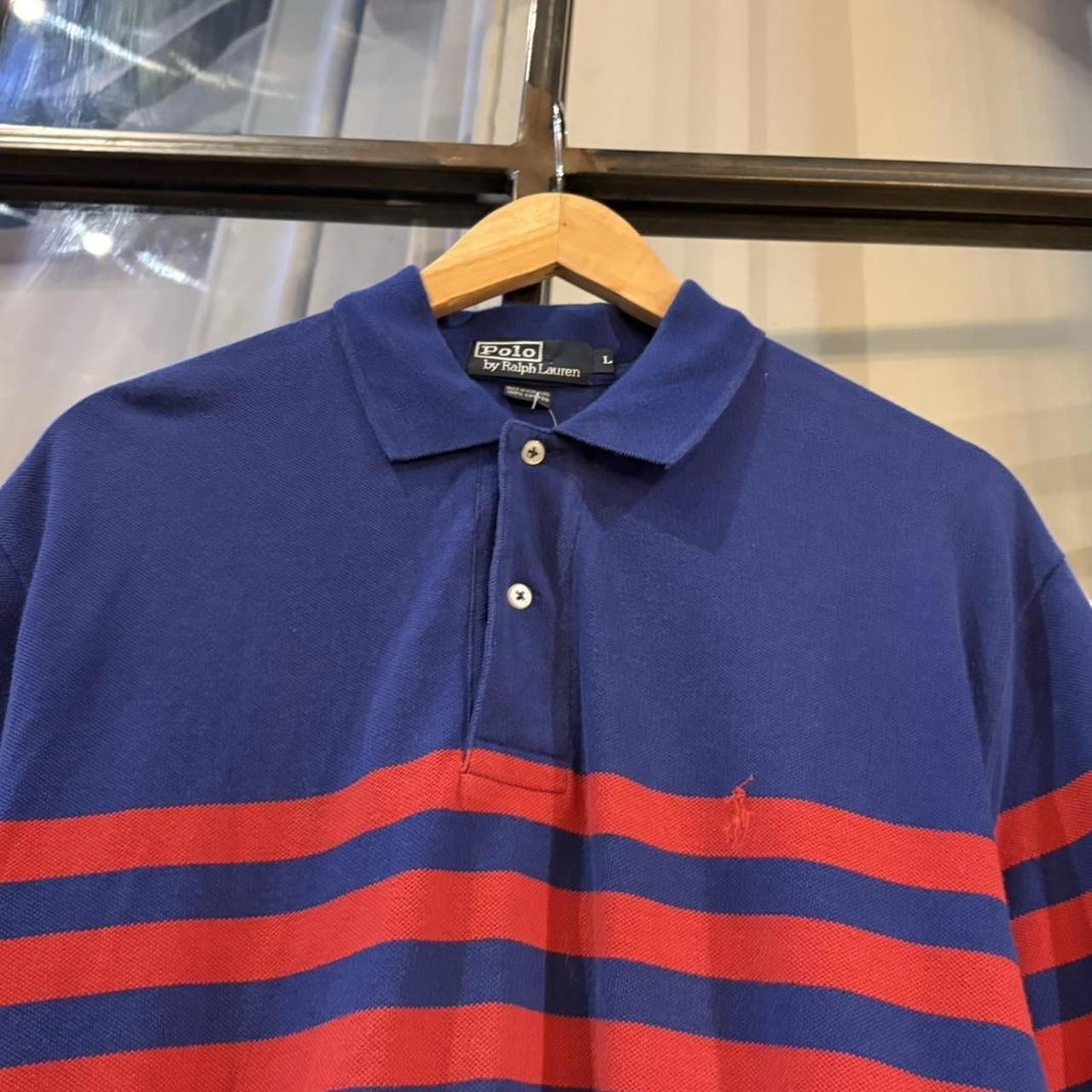 POL596-P - Vintage Retro Ralph Lauren Blue and Red Striped Polo Shirt Short Sleeve collared button up top  #Y2K #preppy #chiefkeef #oldmoney #ralphlauren