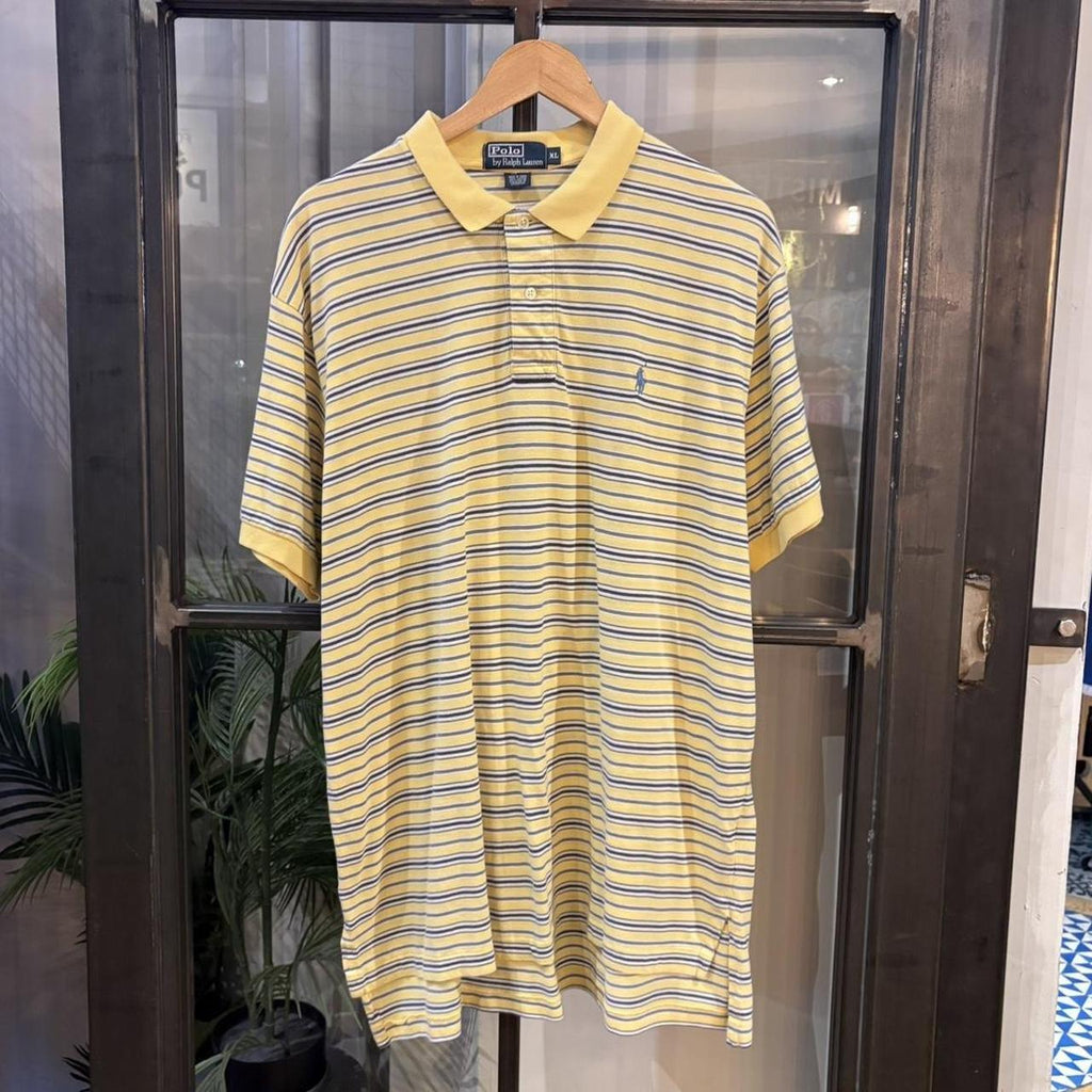Vintage Retro Ralph Lauren Butter Pale Yellow and Light Blue Striped Polo Shirt Short Sleeve collared button up top  #Y2K #preppy #chiefkeef #oldmoney #ralphlauren
