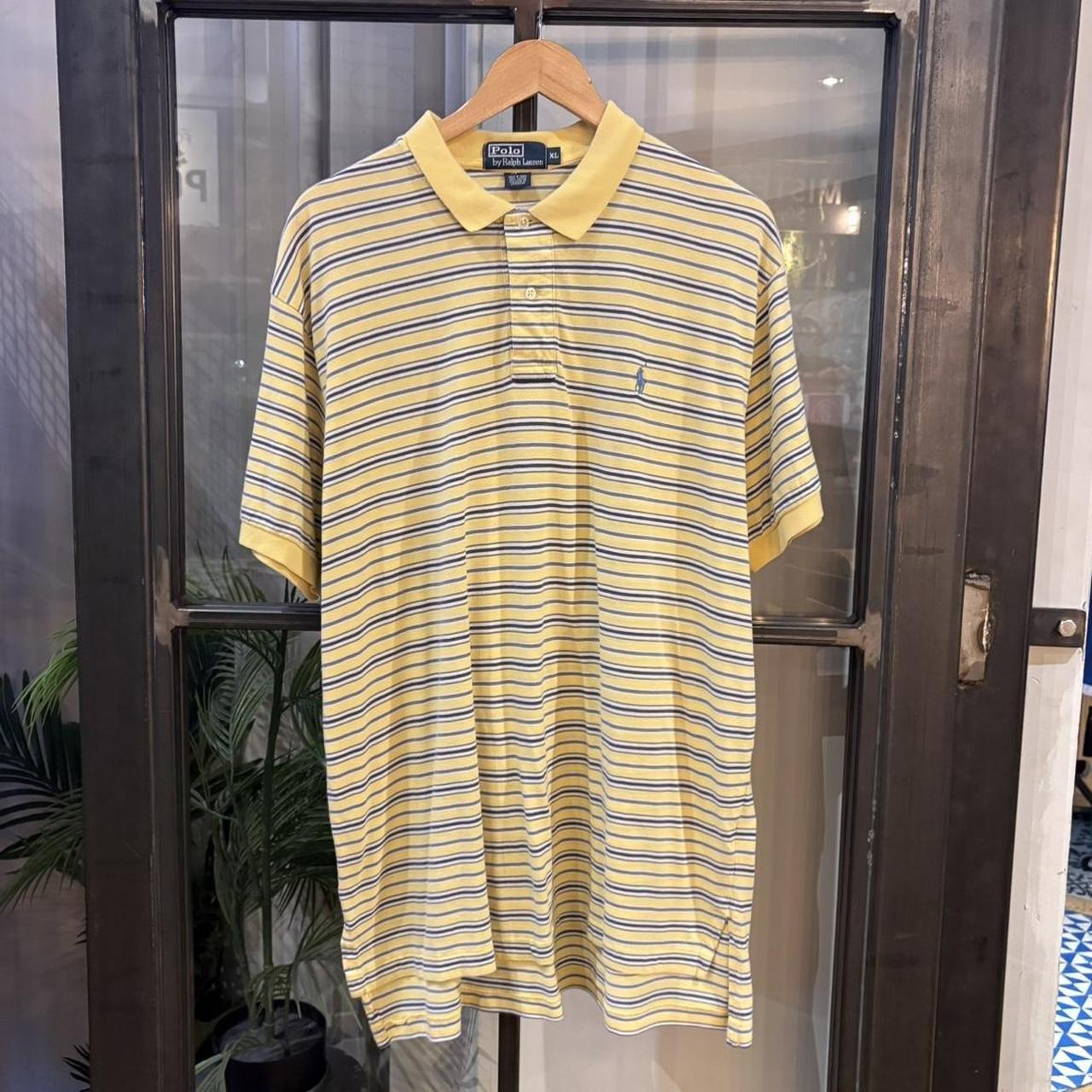 Vintage Retro Ralph Lauren Butter Pale Yellow and Light Blue Striped Polo Shirt Short Sleeve collared button up top  #Y2K #preppy #chiefkeef #oldmoney #ralphlauren