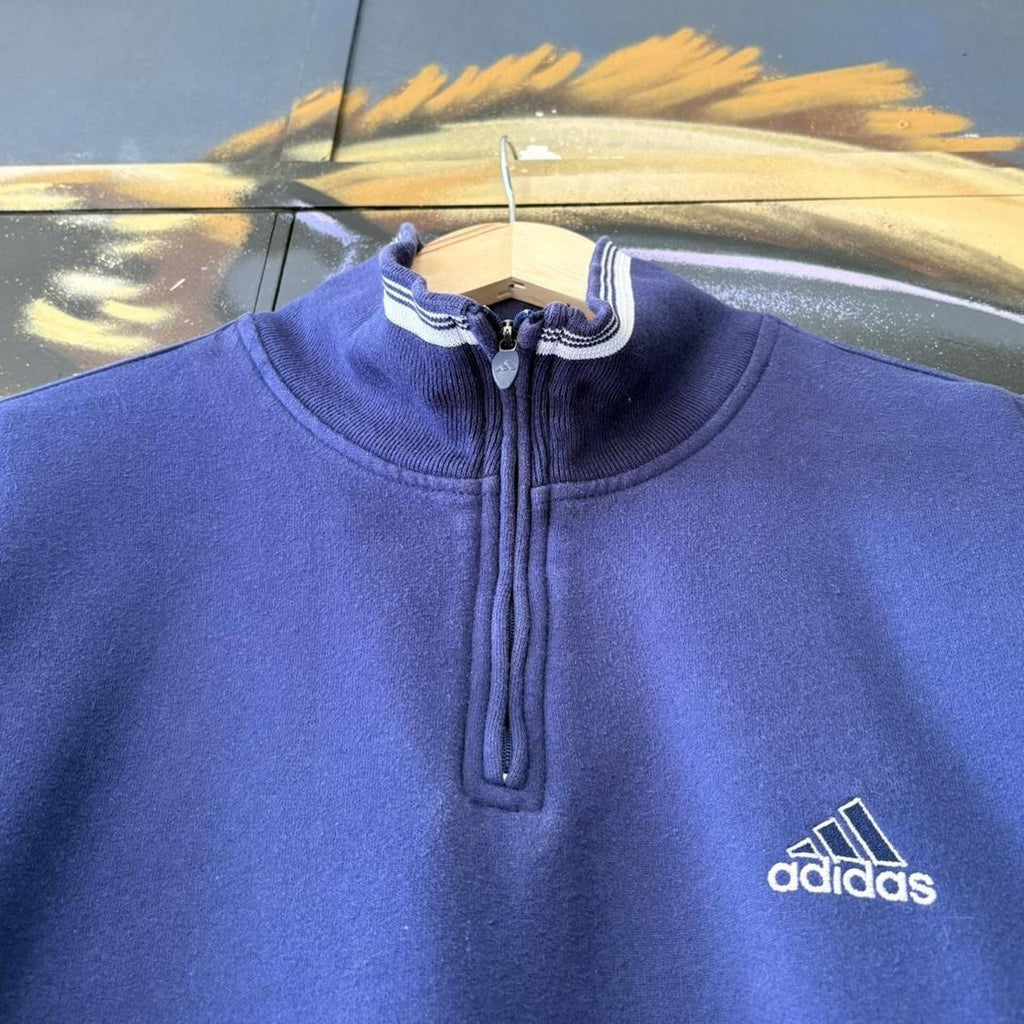 MES1102FO-P - Vintage Retro Essential Blue Adidas 1/4 Zip Fleece Jumper Sweatshirt with embroidered logo #90s #sportswear #essential #y2k #adidas