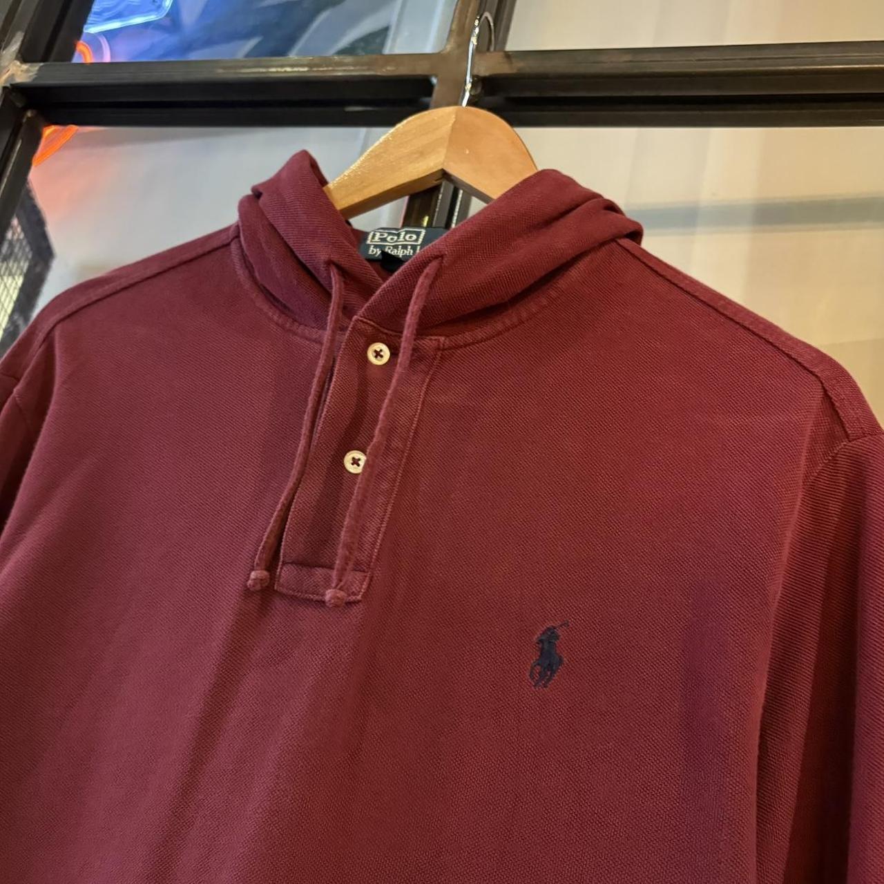 SWT706F - Vintage Retro Essential Burgundy Polo Ralph Lauren 1/4 Button Up Hooded Sweatshirt Hoodie with embroidered logo #90s #preppy #oldmoney #poloralphlauren #y2k