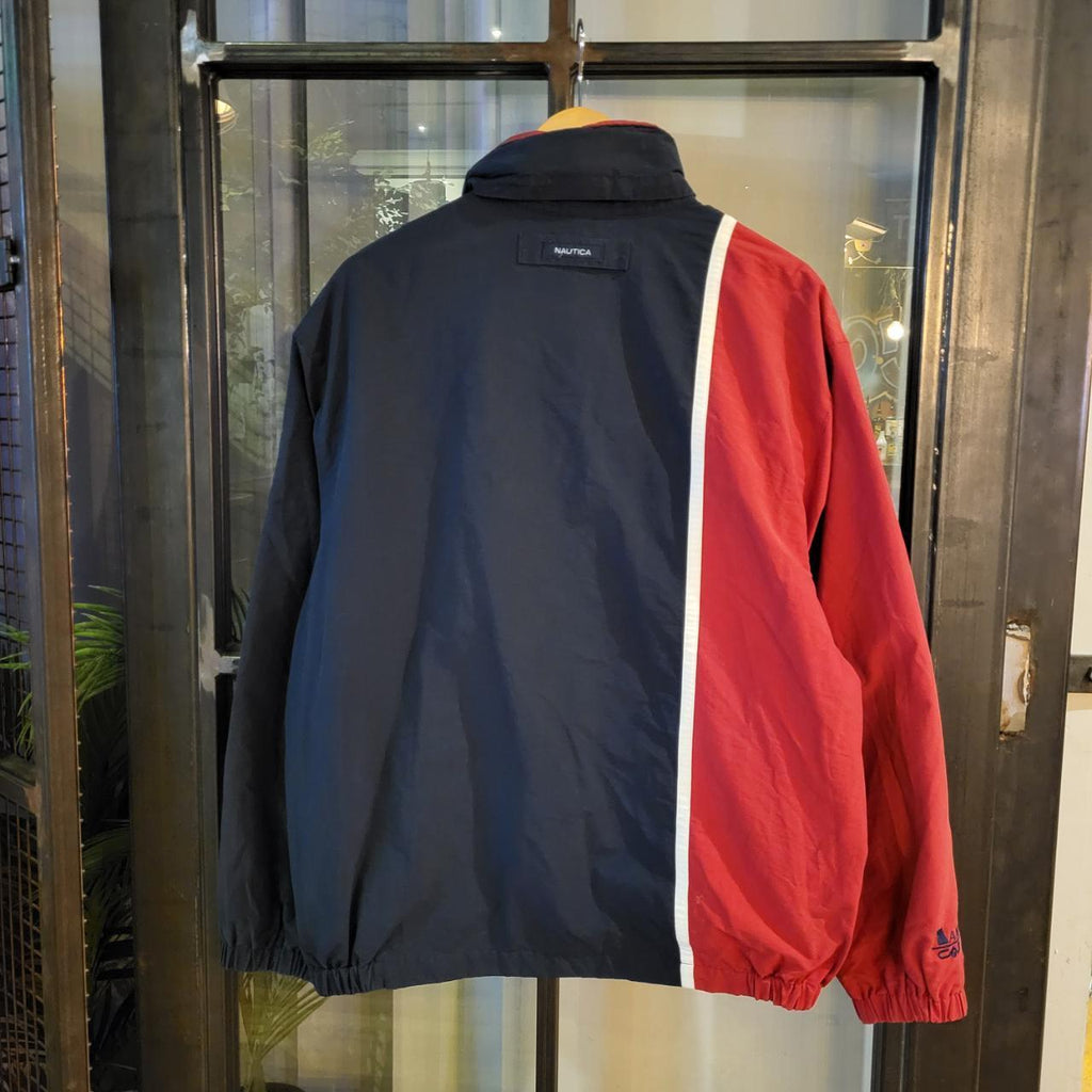 WDB024 - Vintage Retro Essential Nautica Two Block Red Navy Windbreaker full zip up Jacket with concealable Hood #nautica #windbreaker #preppy #featival #90s