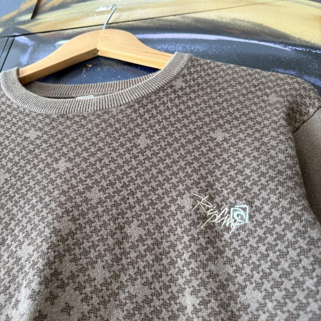 Vintage Ripcurl Sweatshirt Mens Medium Brown Cross Stitch Pattern Graffiti Script Embroidered Logo Knit Jumper Surf Top 90s Y2K 00s