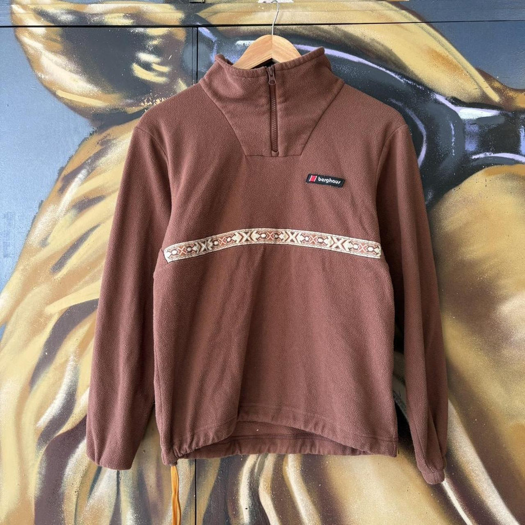 Berghaus Fleece Smock Women's Small Chocolate Brown 1/4 Quarter Zip Aztec Hiking Outdoor Top 90s Y2K