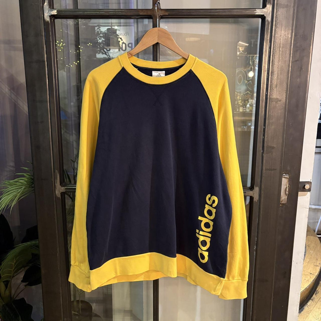 SWT384BR - Vintage Retro Essential Adidas Navy Yellow Raglan Crewneck Jumper Sweatshirt with big spellout embroidered/print logo #90s #sportswear #essential #adidas #y2k